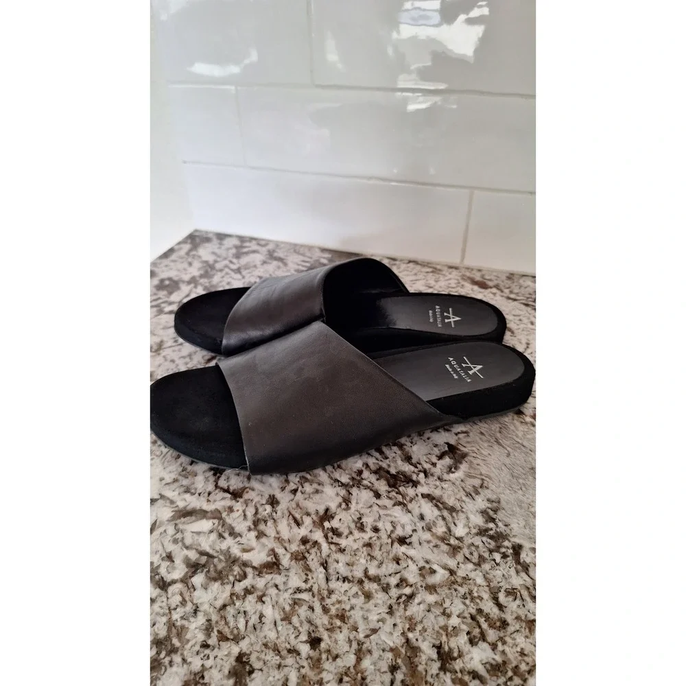 Aquatalia Black Leather Slide Sandals Made in Italy Womens Size 8 Flat Shoes